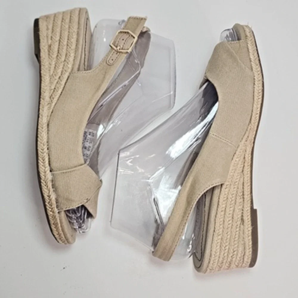 LifeStride Socialite Espadrille Wedge Tan Fabric Peep Toe Sandals Womens 6M NWOB